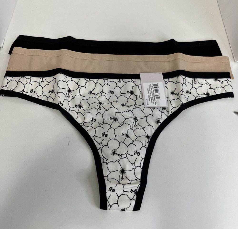 Auden Women's 3-pack Size Medium (8-10) cotton floral thong Black Nude